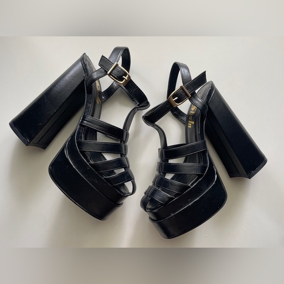 Goth Strappy Caged Toe Platform Chunky Block Heels in Black sz 6.5 by Sheln - Picture 6 of 13
